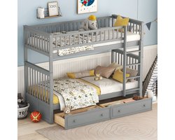 MEUNIQ Stapelbed 90x200 cm met 2 lades, om te bouwen tot 2 eenpersoonsbedden, grenen en MDF, met veiligheidsrail, kinderkamer, grijs