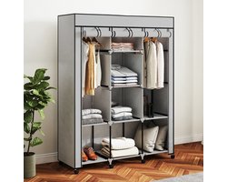 MEUNIQ Stoffen kledingkast 125 x 43 x 162,5 cm met 2 hangroedes, 8 planken, ritssluiting en oprolbare deur voor slaapkamer of wasruimte, lichtgrijs
