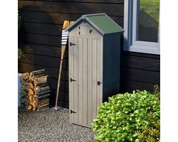 MEUNIQ tuin opbergkast van hout 77 x 54,2 x 179 cm met 3 uitneembare hoekplanken, venster en waterdicht dak voor tuin of terras, grijs