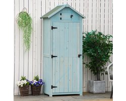 MEUNIQ tuinkast 77 x 54,2 x 179 cm met 3 uitneembare hoekplanken en te openen raam, houten opbergkast voor tuin en terras, lichtblauw en groen
