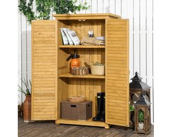 MEUNIQ tuinkast van hout 87 x 46,5 x 160 cm met 3 planken, 2 lameldeuren en schuin dak, opbergkast voor tuingereedschap en accessoires in de tuin, naturel
