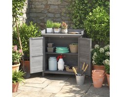 MEUNIQ tuinopbergkast met planttafel 83 x 40 x 92 cm, houten bergkast met 2 deuren, 2 binnenvakken en verzinkt metalen werkblad voor tuin en balkon, grijs