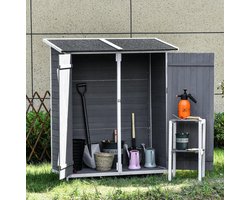 MEUNIQ tuinschuur van hout 139 x 75 x 160 cm met 2 deuren, afsluitbare tuinberging met afschuinend asfaltdak en opvouwbare tuintafel voor tuin of terras, grijs