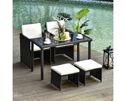 MEUNIQ tuinset 120 x 60 x 75 cm met tafel, 2 stoelen, 2 voetenbankjes, kussens en glazen tafelblad, polyrattan zitgroep voor tuin, terras of serre, zwart