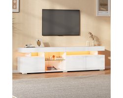 MEUNIQ TV-kast 180 x 35 x 45 cm lowboard met 3 deuren, halfopen vak, verstelbare glazen plank en app-gestuurde LED-verlichting voor woonkamer, wit hoogglans