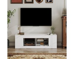 MEUNIQ TV-meubel 140 cm breed, 6 vakken met 2 glazen legplanken, wit, voor woonkamer en tv-opstelling