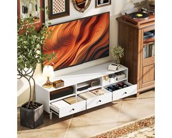 MEUNIQ TV-meubel 140 x 34 x 45 cm met 3 lades, 3 open vakken en kabelmanagement, TV-lowboard voor woonkamer, geschikt voor tv tot 75 inch, wit