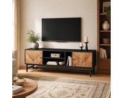 MEUNIQ TV-meubel 150 x 38 x 50,5 cm met 2 deuren, open vakken, metalen poten en houtlook voor woonkamer, zwart en naturel