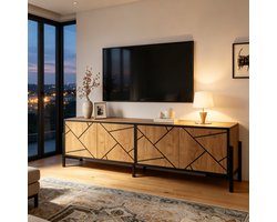 MEUNIQ TV-meubel 153 x 40 x 50 cm met 4 deuren, geometrisch front, opbergruimte en 6 metalen poten, voor tv tot ca. 65 inch, woonkamer, naturel