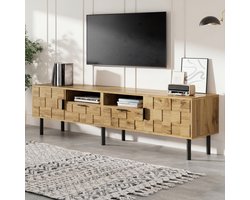 MEUNIQ TV-meubel 160 x 35 x 42,5 cm met 2 deuren, 2 lades en 2 open vakken, tv-lowboard met kabeldoorvoer en metalen poten voor woonkamer, naturel