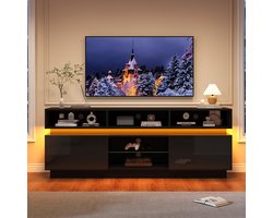 MEUNIQ TV-meubel 160 x 35 x 60 cm met 10 opbergvakken, LED-verlichting, open en gesloten opbergruimte, gehard glas, hoogglans fronten, zwart