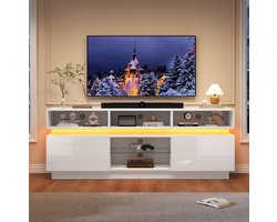 MEUNIQ TV-meubel 160 x 35 x 60 cm met 10 opbergvakken, open vakken en gesloten kastvakken, LED-verlichting, gehard glas en hoogglans fronten, woonkamer, wit