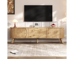 MEUNIQ TV-meubel 160 x 36,5 x 55 cm met 2 schuifdeuren en 2 lades, verticale groeven, houten poten en houtlook voor woonkamer of hal, naturel