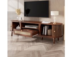 MEUNIQ TV-meubel 165 x 37 x 46 cm met schuifdeur, lades en open vakken, tv-kast met opbergruimte voor woonkamer, walnoot