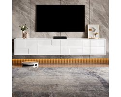 MEUNIQ TV-meubel 170 x 30 x 30,5 cm – wit hoogglans lowboard met 3 deuren en 2 lades, grifloos, wandmontage of staand voor de woonkamer