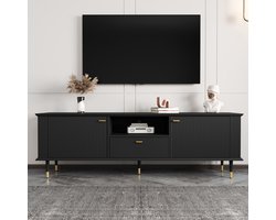 MEUNIQ tv-meubel 170 x 36 x 54 cm met 2 deuren, open vak en lade, kabelopeningen en soft-close scharnieren, zwart met gouden accenten voor woonkamer