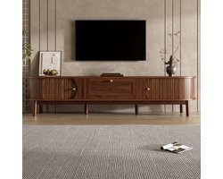 MEUNIQ TV-meubel 170 x 39,5 x 38 cm met lade en 2 schuifdeuren, tv-kast met opbergruimte, afgeronde hoeken en houten poten voor woonkamer of slaapkamer, walnoot