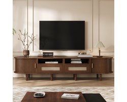 MEUNIQ TV-meubel 170 x 40 x 40 cm met 2 schuifdeuren, 2 lades en ovale bovenplaat, lowboard voor woonkamer met opbergruimte in donker eiken