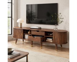 MEUNIQ TV-meubel 175 x 38 x 45 cm met schuifdeur met rotan element, open vakken, lades en kastvakken, tv-kast voor woonkamer in walnootkleur