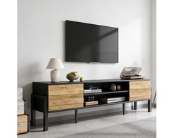 MEUNIQ TV-meubel 175 x 39,5 x 53 cm met 2 deuren, open vakken en verstelbare planken, lowboard voor tv tot 70 inch, woonkamer, houtkleur en zwart