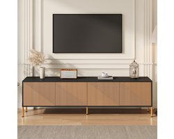 MEUNIQ TV-meubel 179 x 35 x 53,5 cm dressoir met 4 deuren, greeploos opbergmeubel voor woonkamer of eetkamer, zwart naturel met gouden metalen poten