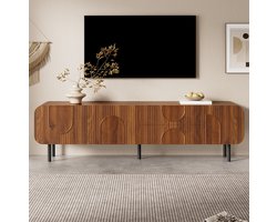 MEUNIQ TV-meubel 180 cm met 3 deuren en 2 lades, kabeldoorvoeren, geribbelde fronten en metalen poten voor de woonkamer, walnoot