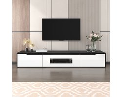 MEUNIQ TV-meubel 180 cm zwart wit met hoogglans fronten, open middenvak, LED-verlichting met 16 kleuren en USB, vrijstaand of wandmontage