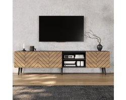 MEUNIQ TV-meubel 180 x 33,5 x 45 cm met 3 deuren, open vak, kabeldoorvoer en stille scharnieren, lowboard voor woonkamer, naturel en zwart