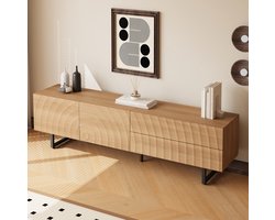 MEUNIQ TV-meubel 180 x 38 x 51,5 cm met 2 deuren, 2 lades en kabeldoorvoer, dressoir voor woonkamer in naturel met zwarte metalen poten