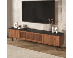 MEUNIQ TV-meubel 190 x 35 x 45 cm met rasterdeuren, opbergvakken en metalen poten voor woonkamer of werkkamer, zwart en walnoot