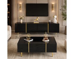 MEUNIQ TV-meubel en salontafel set 170 x 35 x 46 cm en 100 x 60 x 41,5 cm – hoogglans zwart met gouden accenten, 4 deuren, 2 lades voor woonkamer