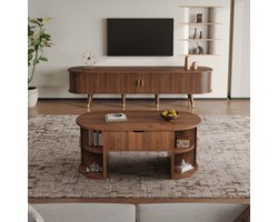 MEUNIQ tv-meubel en salontafel set van 2, walnoot, schuifdeuren, lift-top salontafel, lades en open vakken, mid-century woonkamerkast met opbergruimte