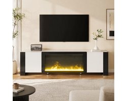 MEUNIQ TV-meubel met elektrische haard en vlammeneffect, 165 x 32 x 55 cm, 2 deuren met planken, push-to-open, hoogglans wit en zwart