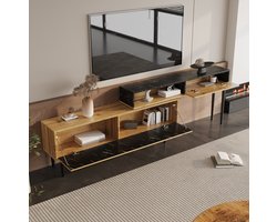 MEUNIQ TV-meubel met verstelbare breedte 129-200 cm, open en gesloten opbergruimte, marmerlook en houtnerf, ijzeren poten, woonkamer, naturel hout en zwart