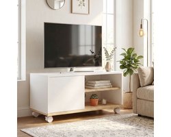 MEUNIQ tv-meubel op wielen 80 x 45 x 41 cm met kastdeur, 2 vakken, 3-voudig verstelbare plank en kabeldoorvoer voor woonkamer of slaapkamer, wit en licht eiken