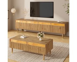 MEUNIQ tv-meubel set met salontafel 178 x 35 x 45 cm, 4 deuren en 2 lades, LED-verlichting met app-bediening, golffront en acryl details, woonkamer, naturel