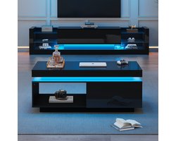 MEUNIQ TV-meubelset met salontafel 181 x 38 x 38 cm, zwart hoogglans, LED-verlichting via USB, open en gesloten opbergruimte voor woonkamer