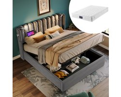 MEUNIQ tweepersoons bed 140x200 cm met opbergruimte, lattenbodem, USB en leeslamp, gestoffeerd bedframe van grijze stof voor slaapkamer