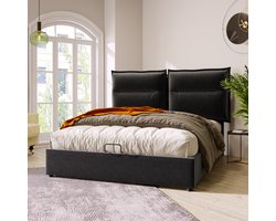 MEUNIQ tweepersoons bed 140x200 cm met opbergruimte, verstelbaar hoofdeinde, lattenbodem en bekleed bedframe van stof en metaal voor slaapkamer, zwart