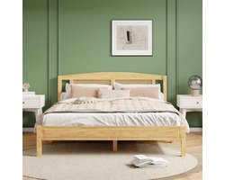 MEUNIQ tweepersoons bed 160x200 cm met rotan detail, 15 latten en middenpoten, houten bedframe voor slaapkamer, naturel