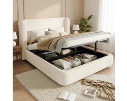 MEUNIQ tweepersoons bed 180 x 200 met lattenbodem, hydraulische opbergruimte en gestoffeerd hoofdbord, bouclé beige, slaapkamer