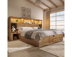 MEUNIQ tweepersoons bedframe 180x200 cm met opbergruimte, geïntegreerde nachtkastjes, LED-verlichting, USB-A en USB-C, lattenbodem en hoofdbord, eiken