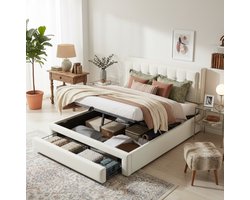 MEUNIQ tweepersoons opbergbed 140x190 met lattenbodem, verstelbaar hoofdbord, hydraulische opbergruimte en 2 lades, beige stoffen bed voor slaapkamer