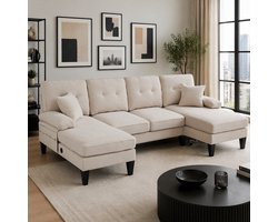 MEUNIQ U-bank 250 x 130 x 88 cm met twee chaise longues, opbergtas en USB/Type-C, 4-zits linnen hoekbank voor woonkamer beige