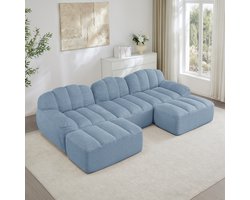MEUNIQ U-bank 288 x 165 x 79 cm modulaire 3-zits bank met 2 ottomans, 32D schuim, diepe zit en zachte granulaire fleece voor woonkamer, blauw