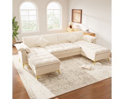 MEUNIQ U-bank 4-zits 262 x 134 x 86 cm modulair, met 2 chaiselongues, chenille bekleding, gouden metalen poten en 2 kussens voor woonkamer of slaapkamer