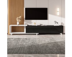 MEUNIQ uitschuifbaar TV-meubel 258 x 38 x 48,5 cm met 3 hoogglans deuren, open opbergvak, metalen poten en soft-close scharnieren, zwart en wit