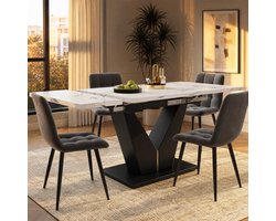 MEUNIQ uitschuifbare eettafel 99-159 x 75 x 75 cm met witte marmerlook MDF tafelblad, zwarte V-vormige metalen poten en metalen geleiders voor eetkamer of thuiskantoor