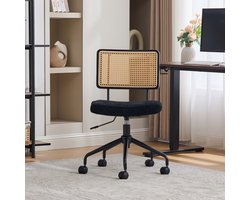 MEUNIQ vintage bureaustoel met wielen en draaifunctie, verstelbare chenille stoel met rotan rugleuning en houten frame, zonder armleuningen, zwart