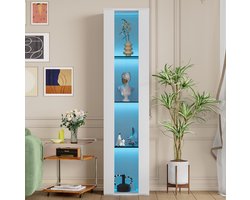 MEUNIQ vitrinekast 40 x 29 x 170 cm met 4 niveaus, glazen deur, LED-verlichting met app-bediening, displaykast voor woonkamer of kantoor, wit